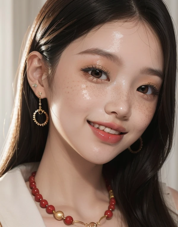 1 girl, 23 years old, south korean, idol, masterpiece, perfect face, soft skin, freckles under eyes, long whavy hair, shining eyes, eyeliners, necklase, round earrings, red lips, big smile, perfect teeth, natural makeup, soft lighting, bright colors, city background, face focus, portrait, sketch, face closeup.