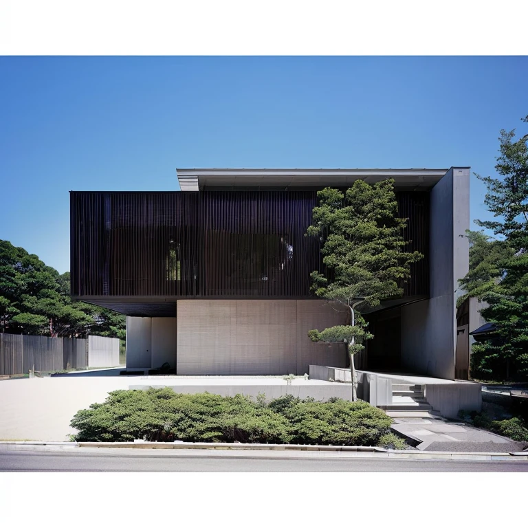 There is a large building with many windows on the side., Japanese House, Modern Style, Hiroshi Sugimoto's style, Modern Minimalist, Japanese architecture, Minimal Modern, Architectural shots, Arch Daily, minimalist design, Kano Tanyou, Japanese Design, Contemporary Home, Minimalistic house in the forest