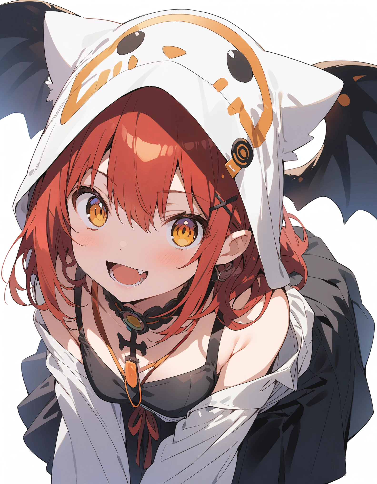 White background、Solid white background、Blank background、front、Solo,just standing girl, One Girl、Ultra-high resolution, highest quality,fish-bone braid hair、Fishbone Hair、red hair、arms behind back、Put your hands behind your back、Hide your hands、busty、beautiful detailed eyes、Red hair x yellow eyes、yellow eyes、Open your mouth without showing your teeth、Smile with mouth wide open、 Black camisole、Black pleated skirt、