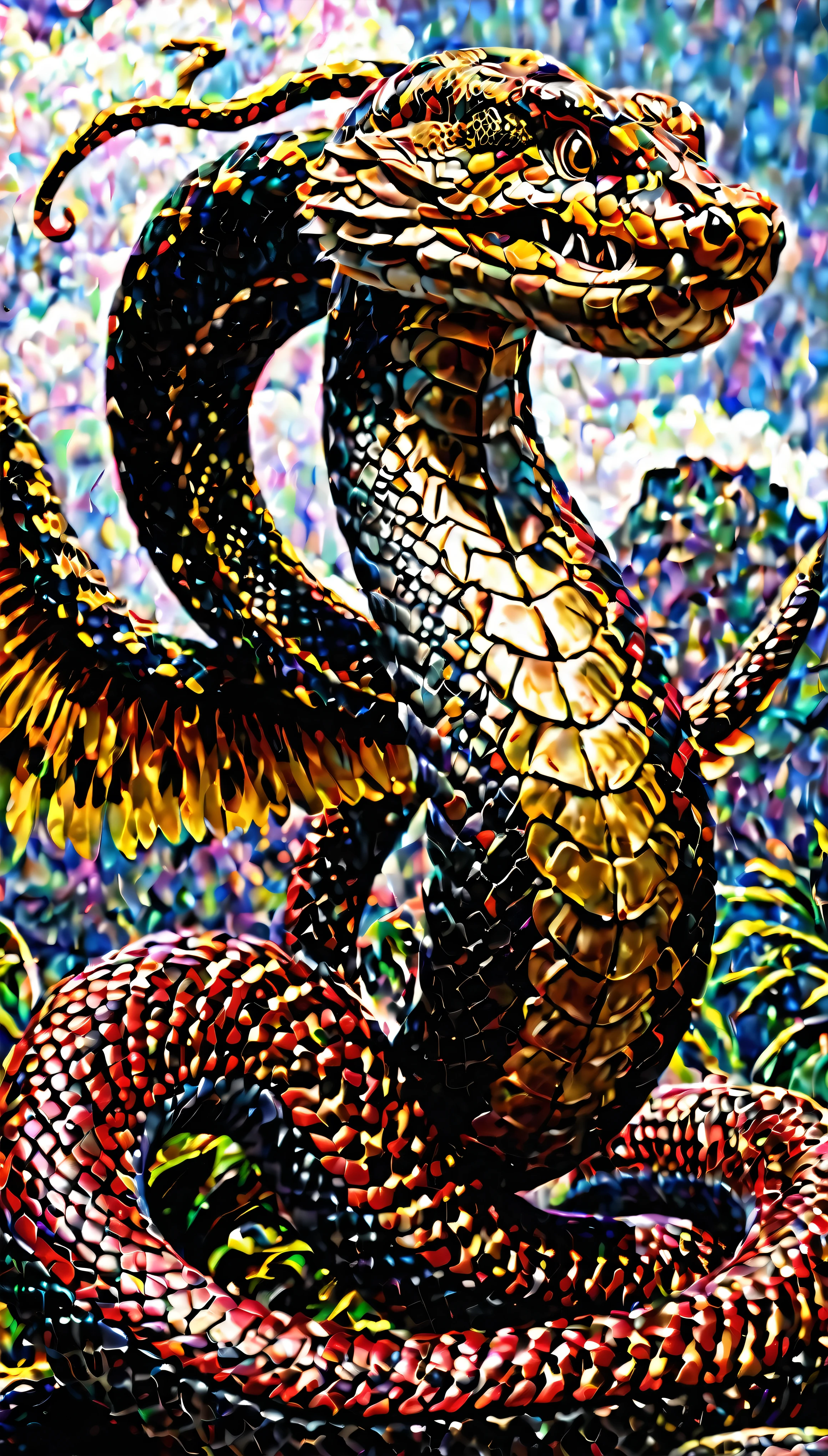 He provided an exquisite depiction of a grown man encountering two snake gods, Quetzalcoatl and Kukulcan.、Highest resolution masterpiece。Snake God々teeth、With enchanting Aztec gold ornaments and a thunderous aura、Emerging with magnificent wings and feathers。A charming and exotic boy with teeth、Snake God with a mixture of reverence and awe.々I am staring at。Quetzalcoatl Teeth、With a long, slender body decorated with gold and spreading its wings、It reveals intricately detailed golden scales.。Kukulcan、Feathered snake、Winding the tuna