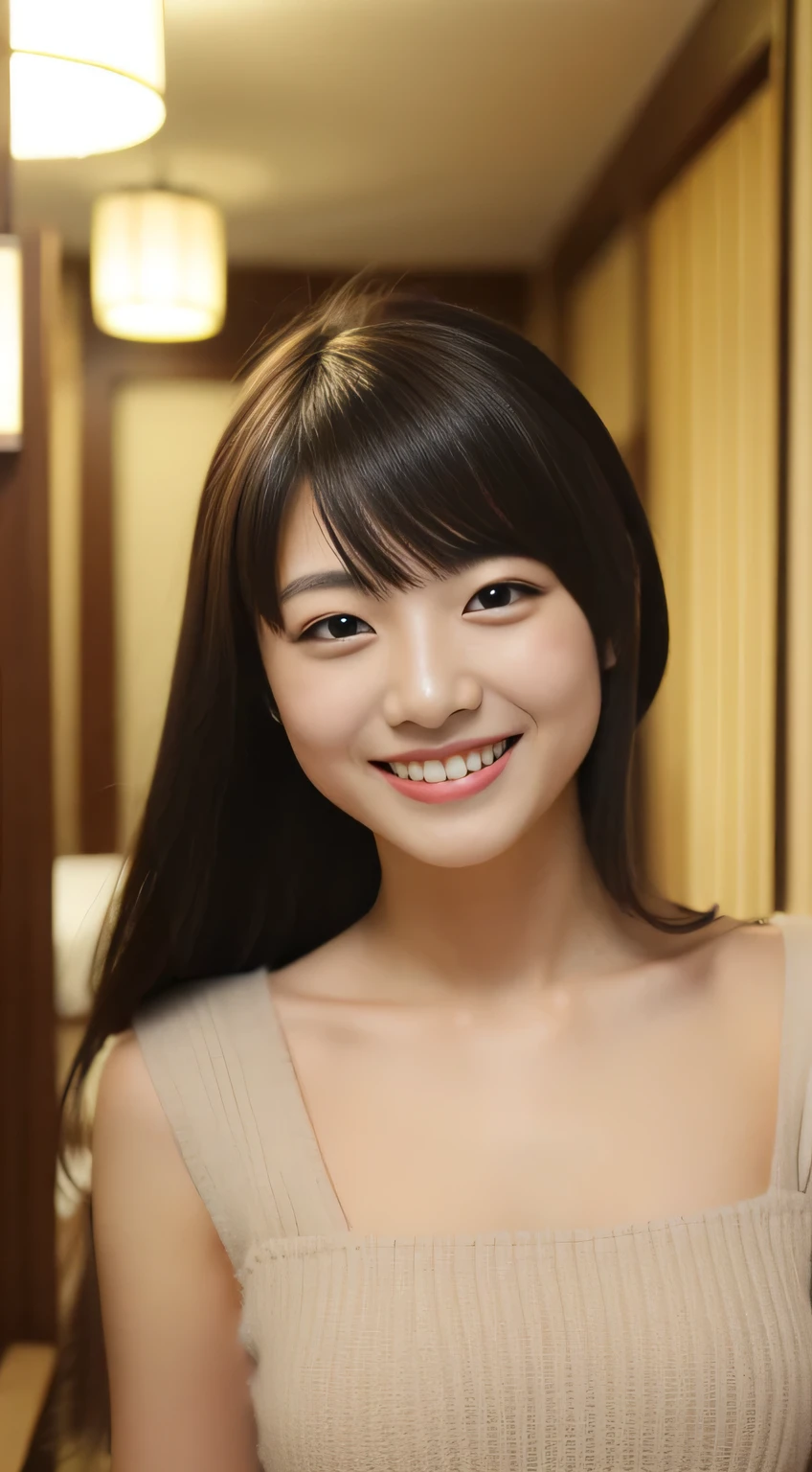 masterpiece,best quality,(Japanese ),((Beautiful girl)),indoor,(perfect body beauty:1.2),(shy smile),beautiful teeth,