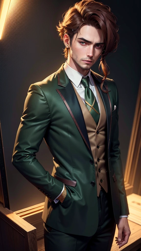 '(best quality,4k,8k,highres,masterpiece:1.2),ultra-detailed,realistic,anime,male portrait,man with tie,term dark green colors,red tie,brown hair,small gold earring right ear,outlined black,golden eyes,cold look'。