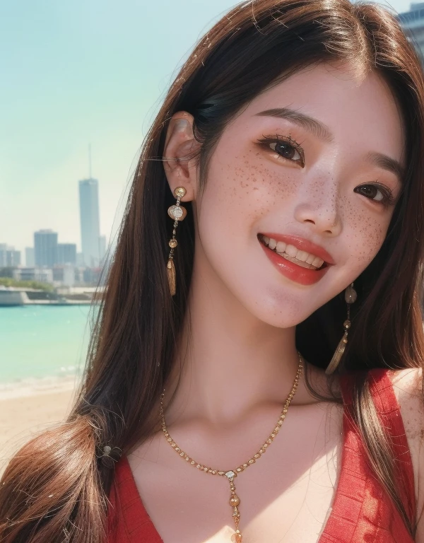 1 girl, 23 years old, south korean, idol, masterpiece, perfect face, soft skin, freckles under eyes, long whavy hair, shining eyes, eyeliners, necklase, round earrings, red lips, big smile, perfect teeth, natural makeup, soft lighting, bright colors, city background, face focus, portrait, sketch, face closeup.