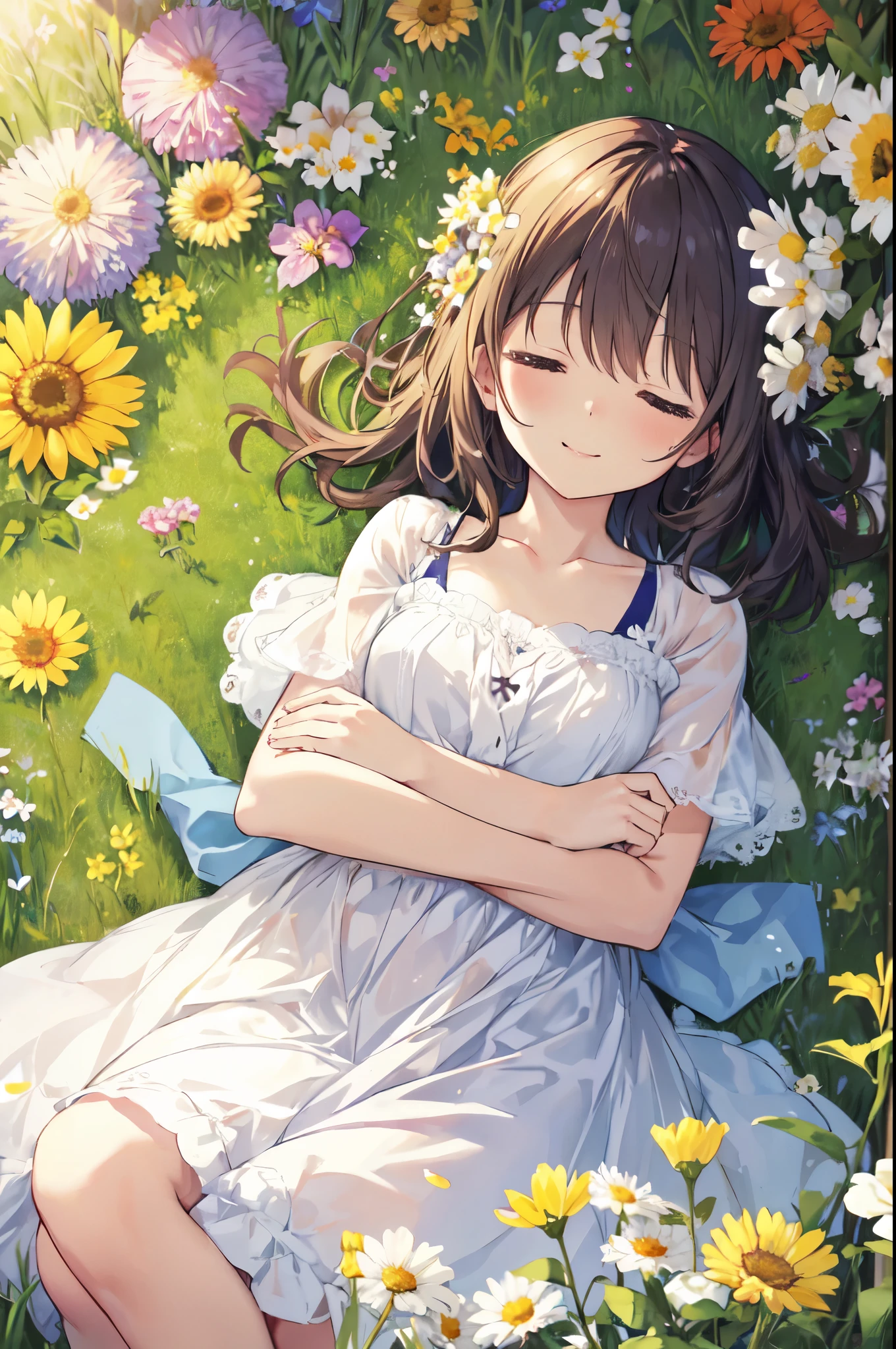 heaven, heaven, Light, Shine, happiness, Bright smile, Shine, Flowers, garden, Sleeping in the grass 、girl