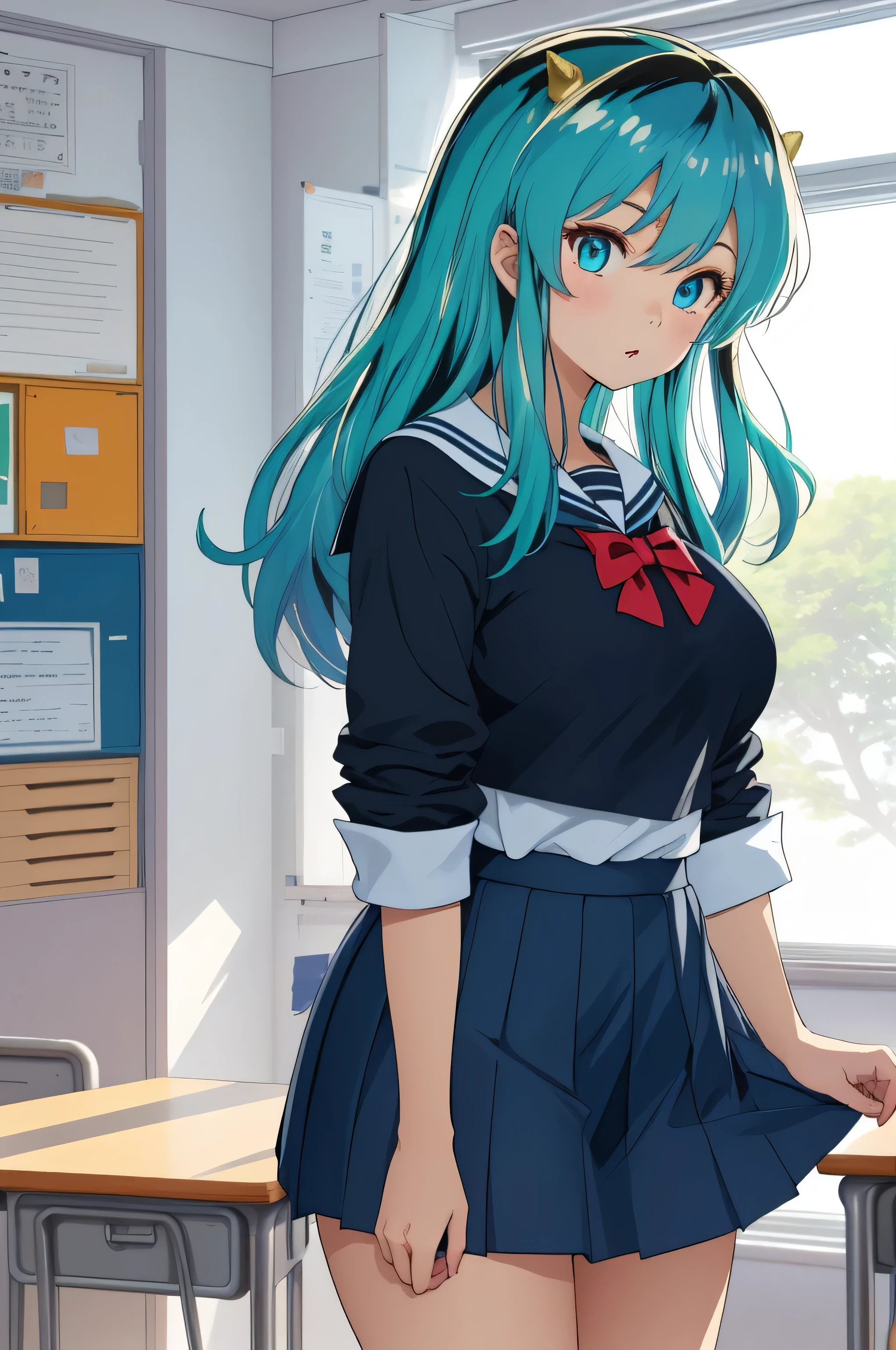 Ram, sexy, Mature face, Extremely detailed eyes、Blue Eyes, Turquoise Hair、Cute demon horns、2Book corner、Tabletop, (Penetration: 1.2),((Summer sailor uniform, Detailed and accurate)), Sleeveless shirt、In a glamorous body, Big Breasts:1.6, ((School uniform skirt)), (I can see her panties, Lace, Accurate and detailed), Sexy Poses,refer to4Bookの中に親refer to1Book,On a desk in the classroom、Classroom Background、