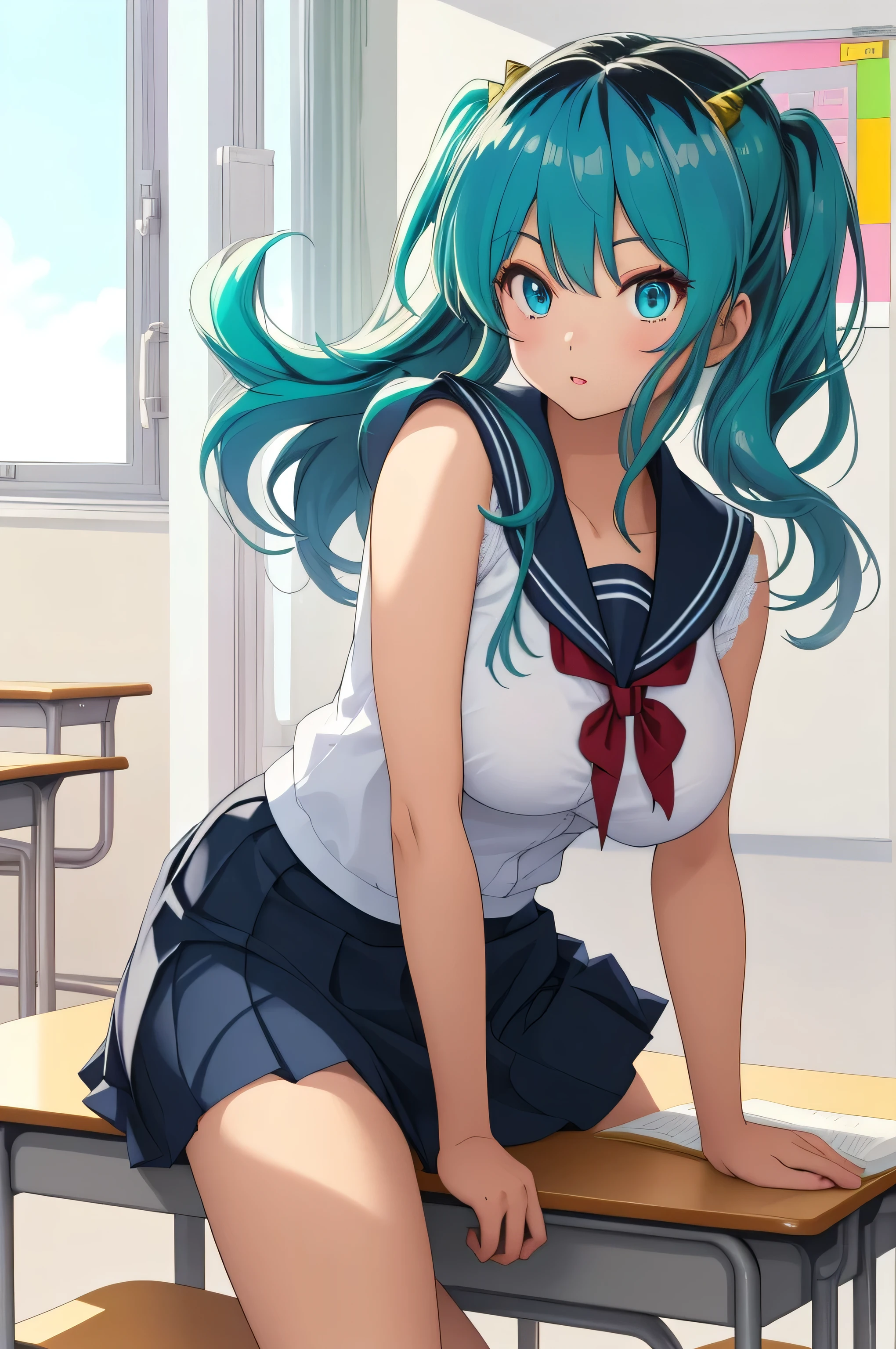 Ram, sexy, Mature face, Extremely detailed eyes、Blue Eyes, Turquoise Hair、Cute demon horns、2Book corner、Tabletop, (Penetration: 1.2),((Summer sailor uniform, Detailed and accurate)), Sleeveless shirt、In a glamorous body, Big Breasts:1.6, ((School uniform skirt)), (I can see her panties, Lace, Accurate and detailed), Sexy Poses,refer to４Bookの中に親refer to１Book,On a desk in the classroom、Classroom Background、