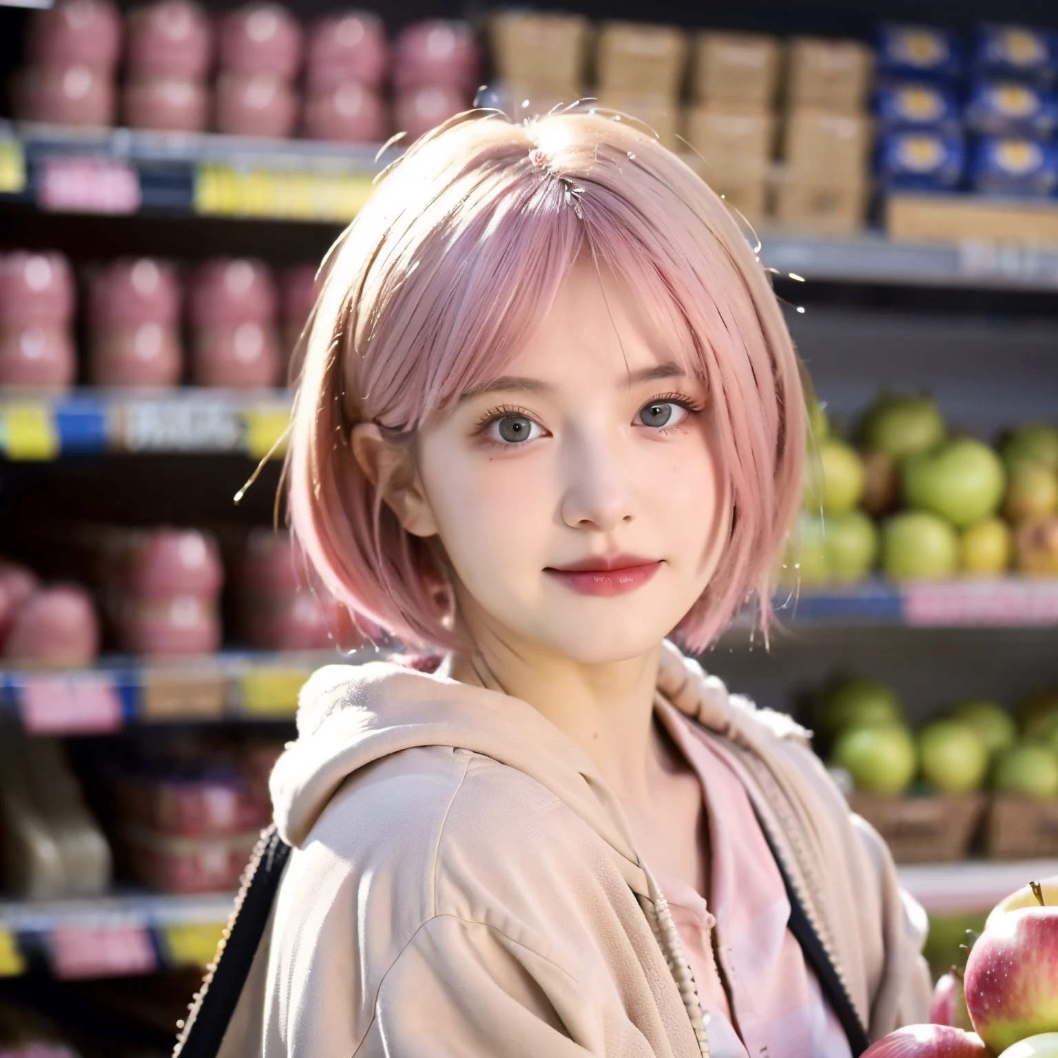 ((best quality)), ((masterpiece)), (detailed), perfect face, pink hair, pink eyes, short hair, cute face, zoomed out, girl is in a grocery store picking apples 