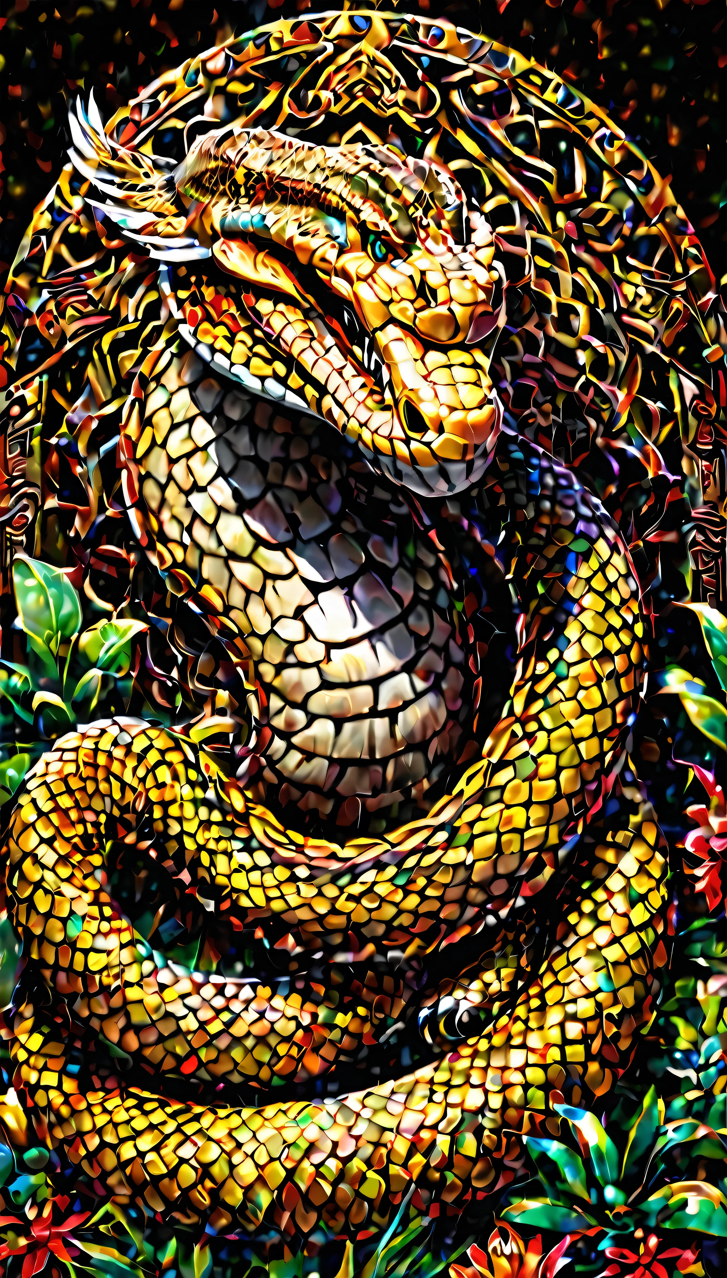 He provided an exquisite depiction of a grown man encountering two snake gods, Quetzalcoatl and Kukulcan.、Highest resolution masterpiece。Snake God々teeth、With enchanting Aztec gold ornaments and a thunderous aura、Emerging with magnificent wings and feathers。A charming and exotic boy with teeth、Snake God with a mixture of reverence and awe.々I am staring at。Quetzalcoatl Teeth、With a long, slender body decorated with gold and spreading its wings、It reveals intricately detailed golden scales.。Kukulcan、Feathered snake、Winding the tuna