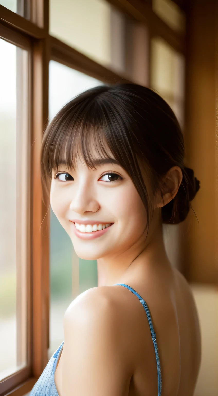 masterpiece,best quality,(Japanese ),((Beautiful girl)),cleavage,indoor,(perfect body beauty:1.2),(shy smile),beautiful teeth,