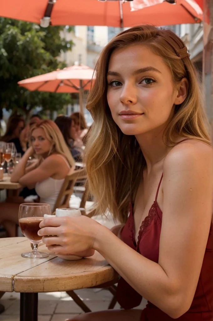 Femme blonde aux yeux marrons claires les bras derriere le dos debout face a la mer