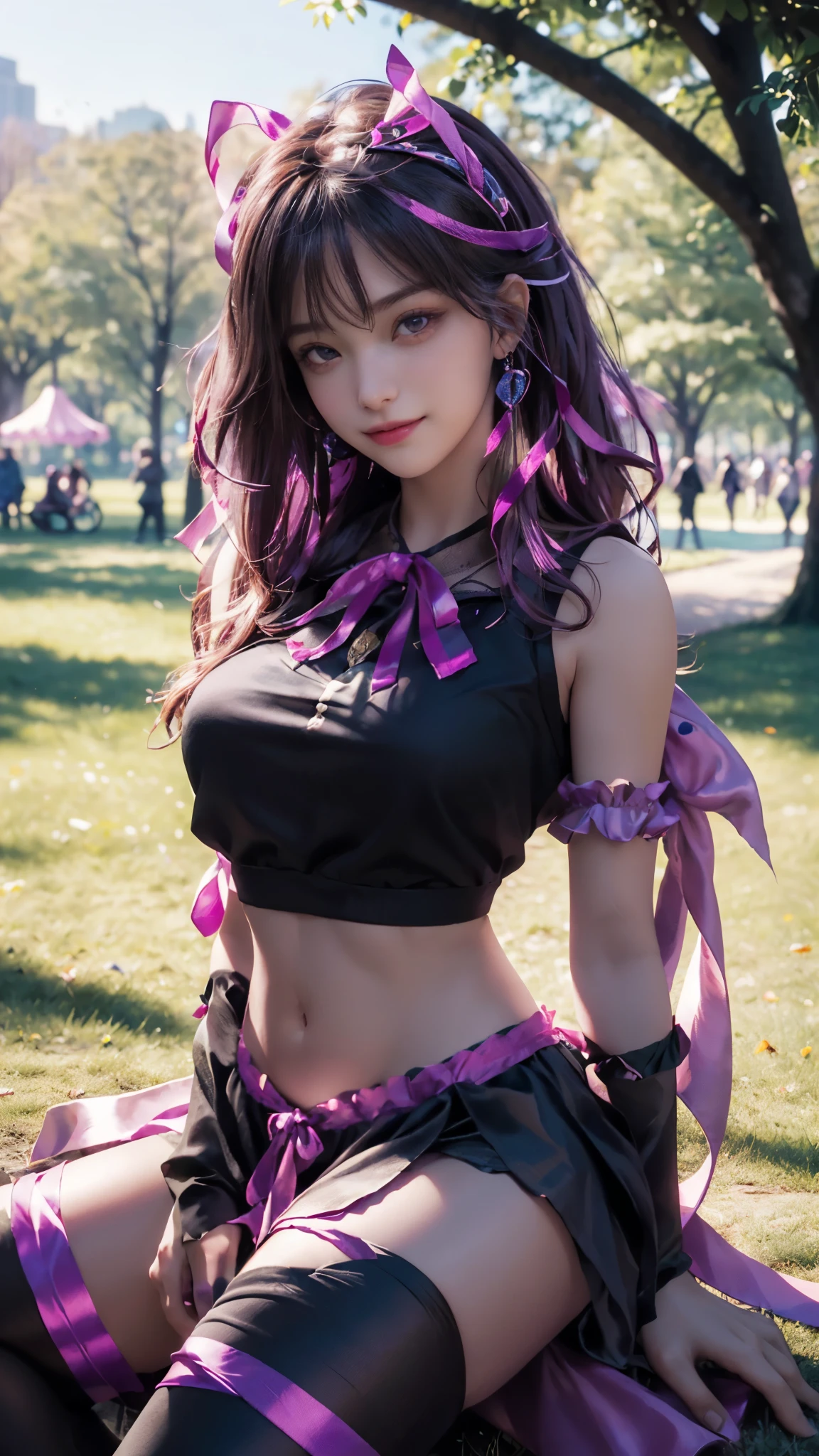(ultra-realistic realism), (illustratio), (A high resolution), (8K), (The is very detailed), (Best Illustration), (Beautifully detailed eyes), (top-quality), (ultra - detailed), (tmasterpiece), (HD Color), 1 girl, ((24 years old girl)), (A detailed face), solo, 1 girl in, looking at viewert, finedetail, A detailed face, in the darkness nigth, deep shading, low tune, pureerosfaceace_V1, A smile, magenta shawl ,straight hair, 46-point diagonal bangs, (beautiful stomach, strips), (shining ribbon:1.5), (cropped shoulders), (in the park:1.5), lake, (back pose)) sitting,