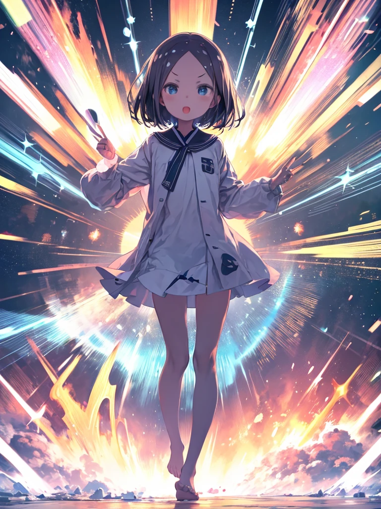 masterpiece、highest quality、High resolution、Very detailed、Close-up、Medium wide shot、Girl、Peace sign in front of the forehead、Open your mouth、V-shaped eyebrows、Stand with your feet apart、pose、Dynamic Background、Exploding Background、