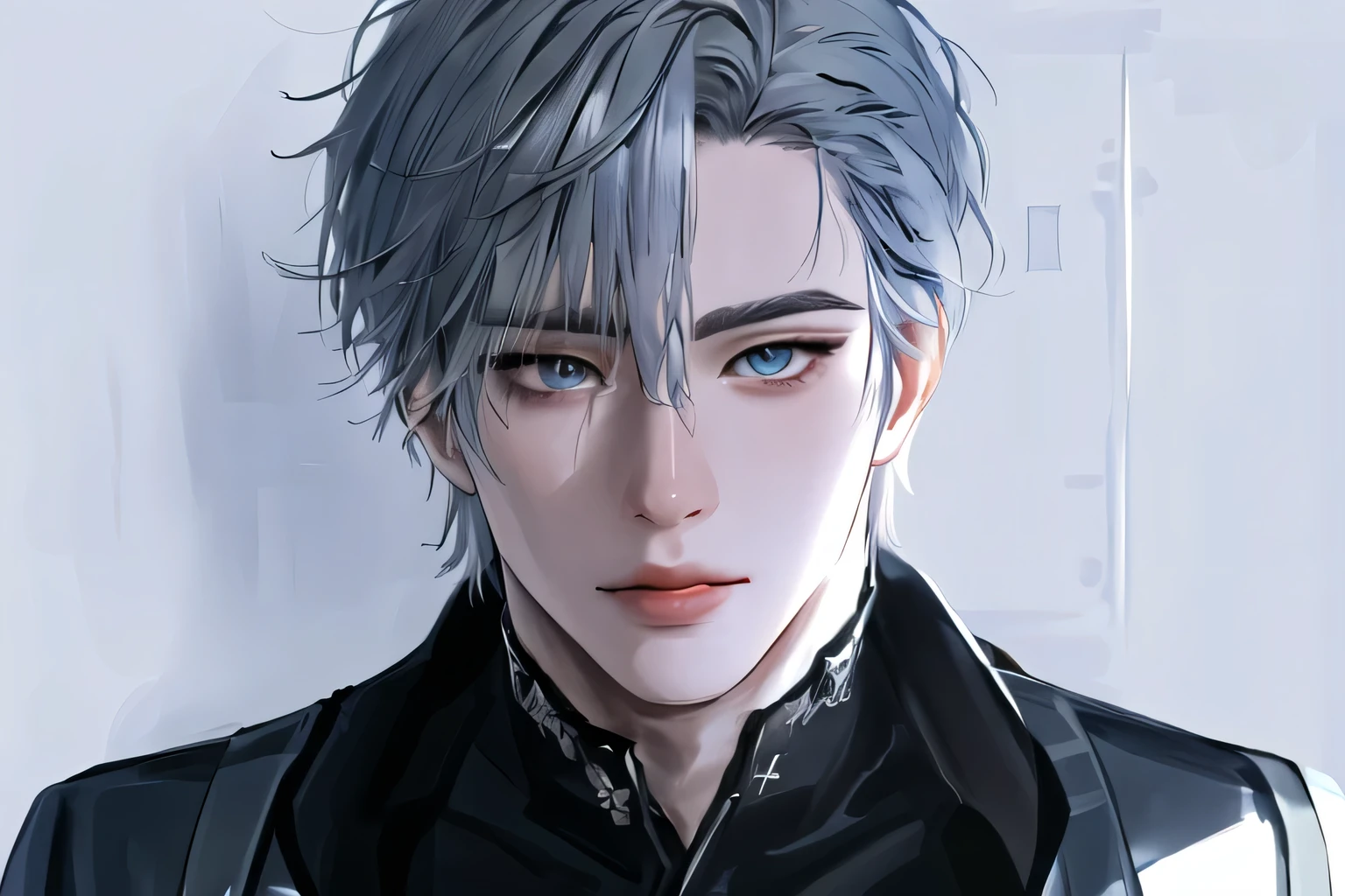 1boy, portrait, solo,lips, male focus, blue eyes, looking at viewer, grey hair, short hair, closed mouth, realist.