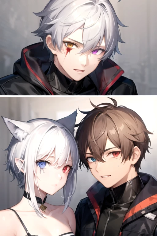 ((highest quality)), ((masterpiece)), (detailed), Perfect Face, One boy, Handsome man, 20〜30 years old, Vtuber model, Very short hair,Cut Hair ((Wolf-eared men)), Shiny skin, Line art, ((Heterochromia,Left eye shines golden,Right eye glows red,Right eye has bloody tears)), White Hair,Silver Wolf Personification,Take away