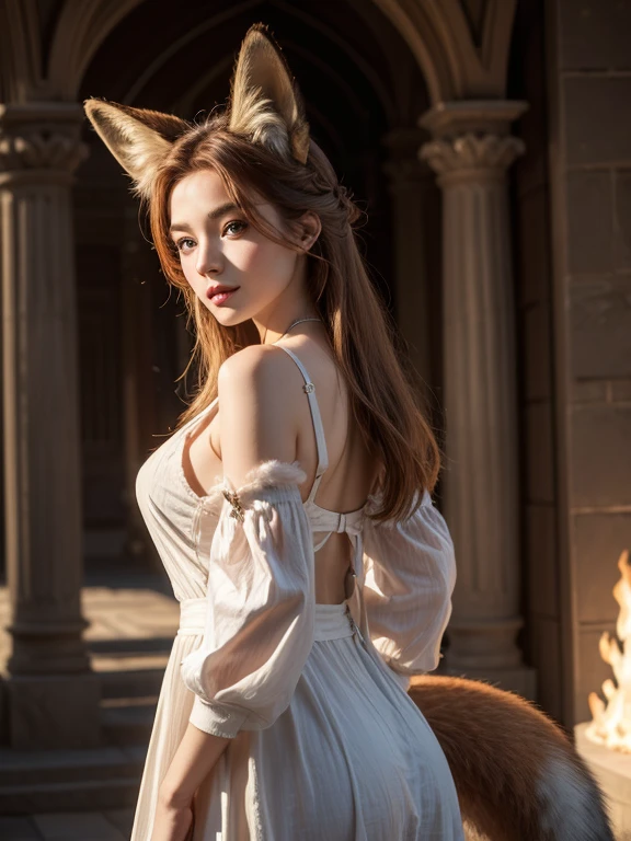 ((highest quality, 32k)), ((masterpiece)), (Familiar), Perfect Face, Fox-eared maiden, Beautiful woman, public, Has a tail, She has a fox's tail, She wags her fluffy tail, smile, She is walking her dog with a collar and lead on., Beautiful hip line, Big Breasts, On all fours, She wears jeans, Big Ass