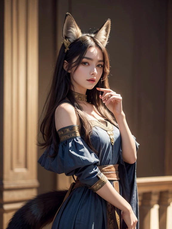 ((highest quality, 32k)), ((masterpiece)), (Familiar), Perfect Face, Fox-eared maiden, Beautiful woman, public, Has a tail, She has a fox's tail, She wags her fluffy tail, smile, She is walking her dog with a collar and lead on., Beautiful hip line, Big Breasts, On all fours, She wears jeans, Big Ass