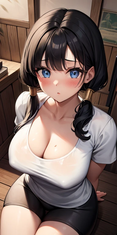 masterpiece, best quality, ultra-detailed, illustration,masterpiece, Best quality, high resolution, high resolution, masterpiece, best quality, highres, videl2, solo, blue eyes, black hair, twintails, black gloves, bike_shorts, bangs, white shirt, badge, big breasts, black shorts, tight shorts, mini shorts,beautiful detailed eyes, looking at viewer in a seductive look, close up, (arms behind back:1.2), (from above:1.1),big sized breasts, attempt to seduce, sitting,(blush),cleavage