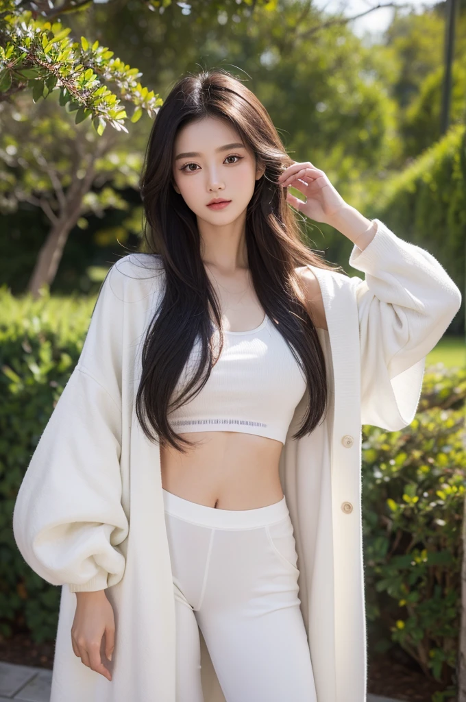masterpiece,Boutique,illustration,Ultra-detailed,Exquisite details,high resolution,8K Dende Wallpaper,Perfect dynamic composition,24 year old beautiful girl,Delicate and beautiful face,Delicate and beautiful eyes,Textured skin,A faint smile,Wavy long hair、Spring long sleeve shirt、Half-body photo、Provocative eyes、Charming expression、More clothes、outdoor、Large aperture、Large depth of field、8K quality、cute、Black pants、White coat、White underwear