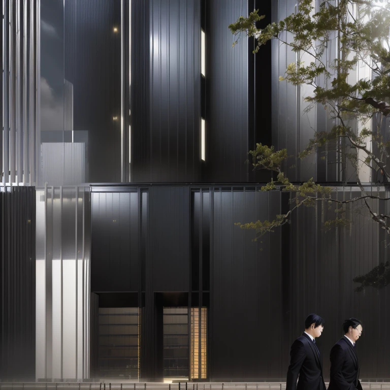 Two men in suits walking in front of a tall building with a tree, Black vertical slatted timber, iron cladding, Metal is cladded, ryohji hase, by Shinji Aramaki, Japanese architecture, by Kuroda Seiki, Vertical Line, vertical architecture, Arch Daily, Metallic architecture, Abstract façade of a building, Architectural Photography, naoya tanaka