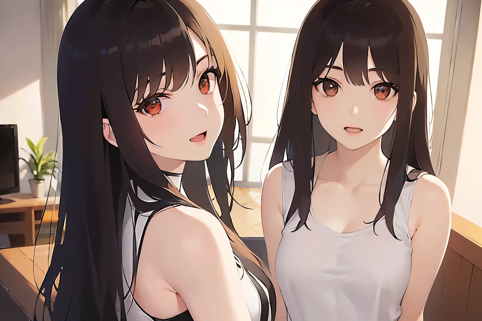 look back、Upper Body, Realistic, real person, (pale skin: 1.2), RAW photo, photorealistic, shiny skin, shiny hair、(A 25-year-old woman with medium-length hair and bangs) and (wavy hair) and (brown hair) and (orange eyes) , Wearing a white tank top 、smile, open mouth, The background is the living room、Alone、Are standing