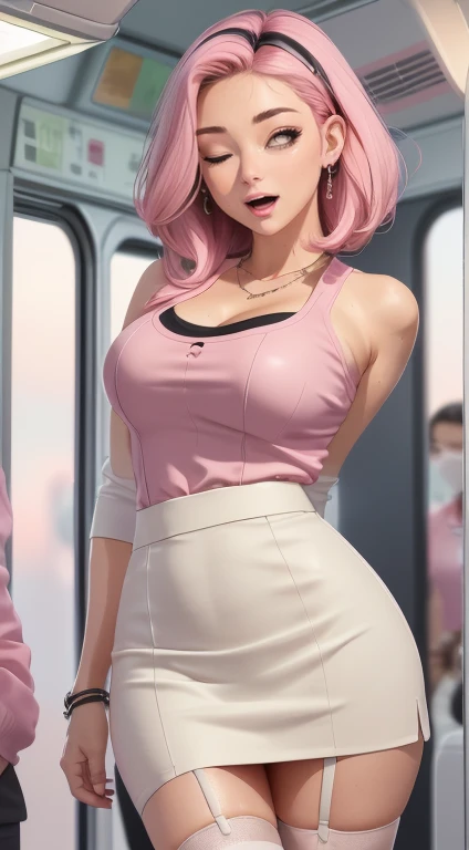 ((Mature female , Large Breasts,Breast sagging、Low-cut，cleveage, Clive Arch、Thick thighs, Wide hips, Curvy beauty, Perfect body),(view_hand, pink vibrator remote switch in view_hand, view:1.2), best quality, Super Detail, masterpiece, Ultra HD, 8k, ridiculous, Cowboy shooting, Vague, 1 girl, Focus on girls, Awkward, blush, charming, Close your eyes, open mouth，eyes filled with tears, Saliva residue, The hem of the skirt is wet, Brushed, Vibrator pipeline bulge, Vibrator in garter belt, No.18, The Last Vision, White short top，Elbow pads, 露指hand套, Suspenders, Pencil Skirt, White T-shirt, sexy look, Short skirt, mini skirt, Pencil Skirt Subway car interior background, In the crowd,