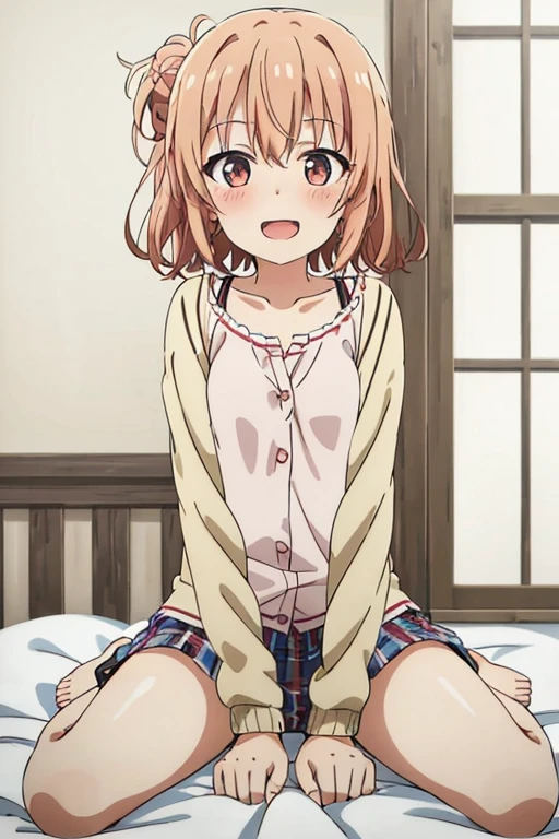 ((highest quality)), ((masterpiece)), (be familiar with), Perfect Face, indoor, Bedroom, Watching the audience,
One woman, Yuigahama Yui,
Open Mouth, Ecstatic expression, blush, smile,
Small breasts, Flat Chest, Young Girl, , , Girl,
Short Hair, Salmon-colored hair, Salmon-colored eyes, Side Pony,
Leg spread,