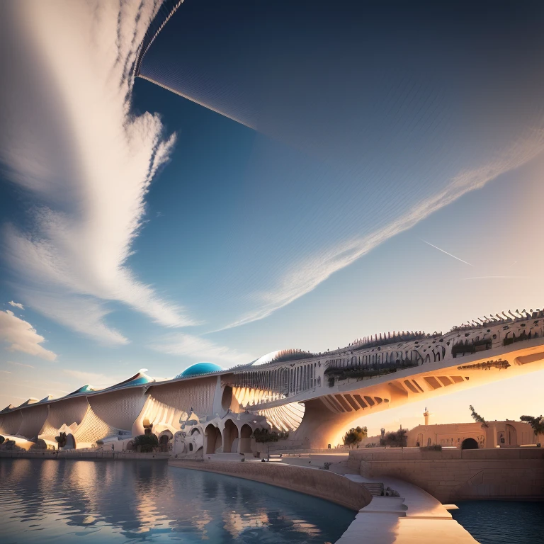 Arabian style bridge over a body of water with sky in the background, santiago Calatrava, Calatrava, By Felipe Device, inspired By Felipe Device, By Seferi Olive, Works inspired by João Arthur da Silva, Inspired by Pedro Álvarez Castellho, Inspired by Juan de Valdés Real