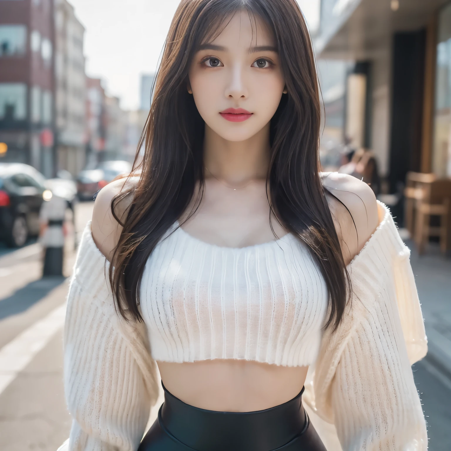 masterpiece, Best quality, Ultra-high resolution, High detail photos, Unity 8K Wallpaper, Extremely detailed CG:1.2), Depth of Field, Bokeh, (original photo:1.Realistic Photography:1.4), (1 Girl:1.5), young, Physically based representation, fair, (Exquisite facial details:1.4, Detailed clothing), (detailed:1.4) named (Hidemi Fukada:1.1) rest Cara hermosa, Depth of Field, Add layers, hyper-realistic, 27 years old, Perfect body model, Perfect breasts, Height 175 cm, Strike sexy poses, whole body, whole body, Model body type, rest (Oversized white sweater, Black cropped top, black leggings:1.3), (long hair:1.2), doble parpado rest coffee shop, permanent, Photo poses