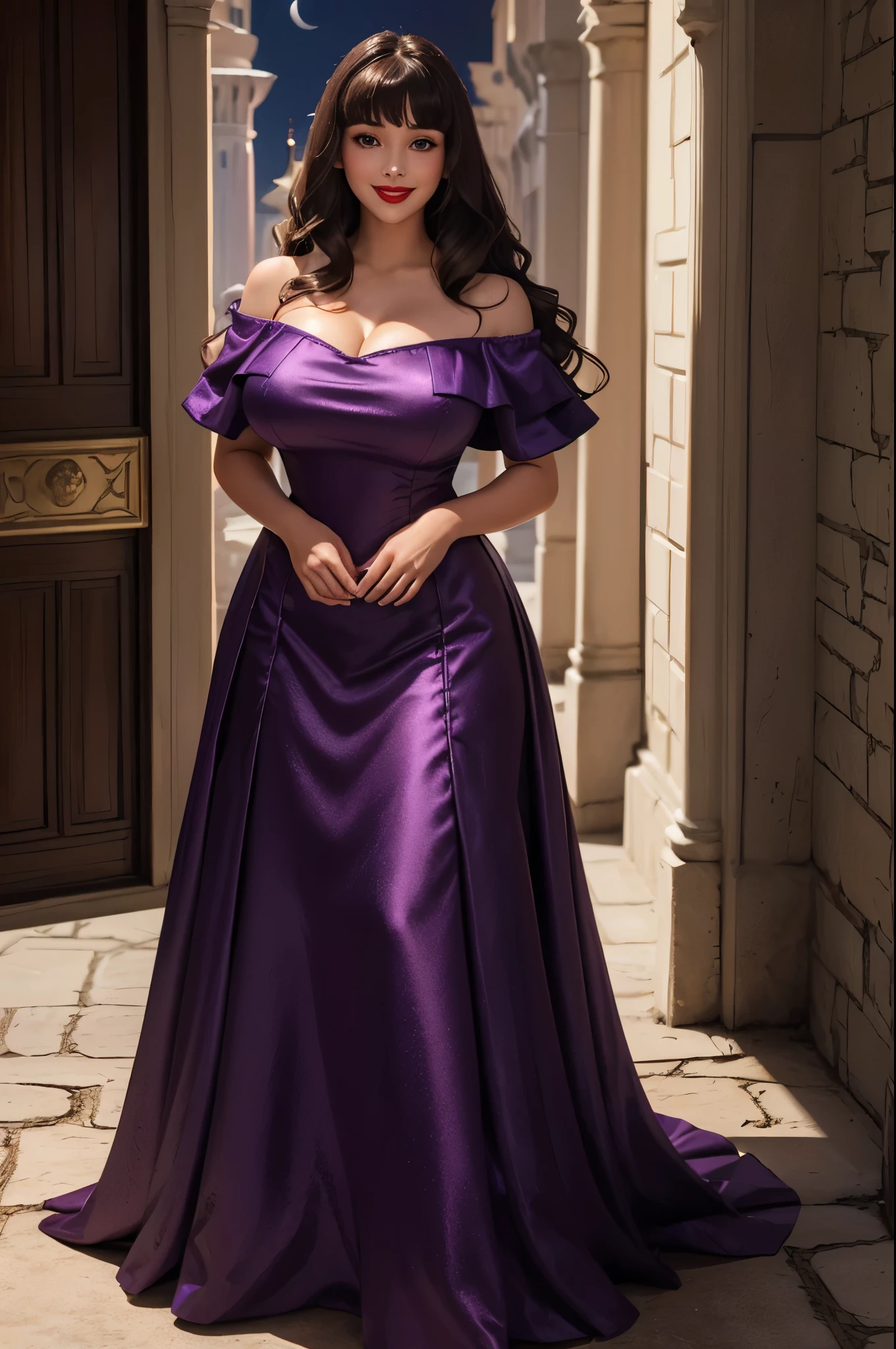 DisneyAurora 27 years old, full body shot, Beautiful woman (((shoulder length wavy brunette hair))) (bangs:1.2) (purple dress, long skirt) (purple eyes) defined body, Red lipstick, smiling, hands free, standing, (huge_breasts:1.2) , palace courtyard, night, (curvy:1.2)