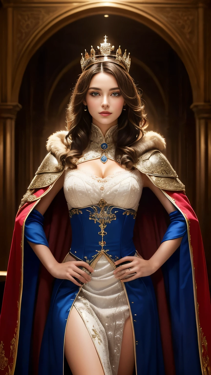 Adriana Morales is a beautiful young Spanish woman, she is dressed like a medieval queen, she wears a red cloak and a silver crown, under the cloak she is dressed in silver armor, brustharnisch, sie steht vor einem riesigen schwarzen Thron in einem Thronsaal, die Beine sind gespreizt, Slight smile, analoger Stil, (Weitwinkelaufnahme), professionelle Fotografie, Full body photo, beautiful rectangular face, kein Make-up, ultra-realistisch, elegant, sehr detailliert, Weiche Haut, Beautiful eyes, kein Make-up, glattes Haar, modernste Foto professionell verbessern die Farben und Details des Fotos, makellose und hochwertige Retusche, Hautstruktur im Fokus, scharfer Fokus, Bokeh im Hintergrund, Leuchtende Farben, perfekte Komposition, Beautiful details, Fotorealistisch, weiches, natural, volumetrisches, filmisches, perfektes Licht
