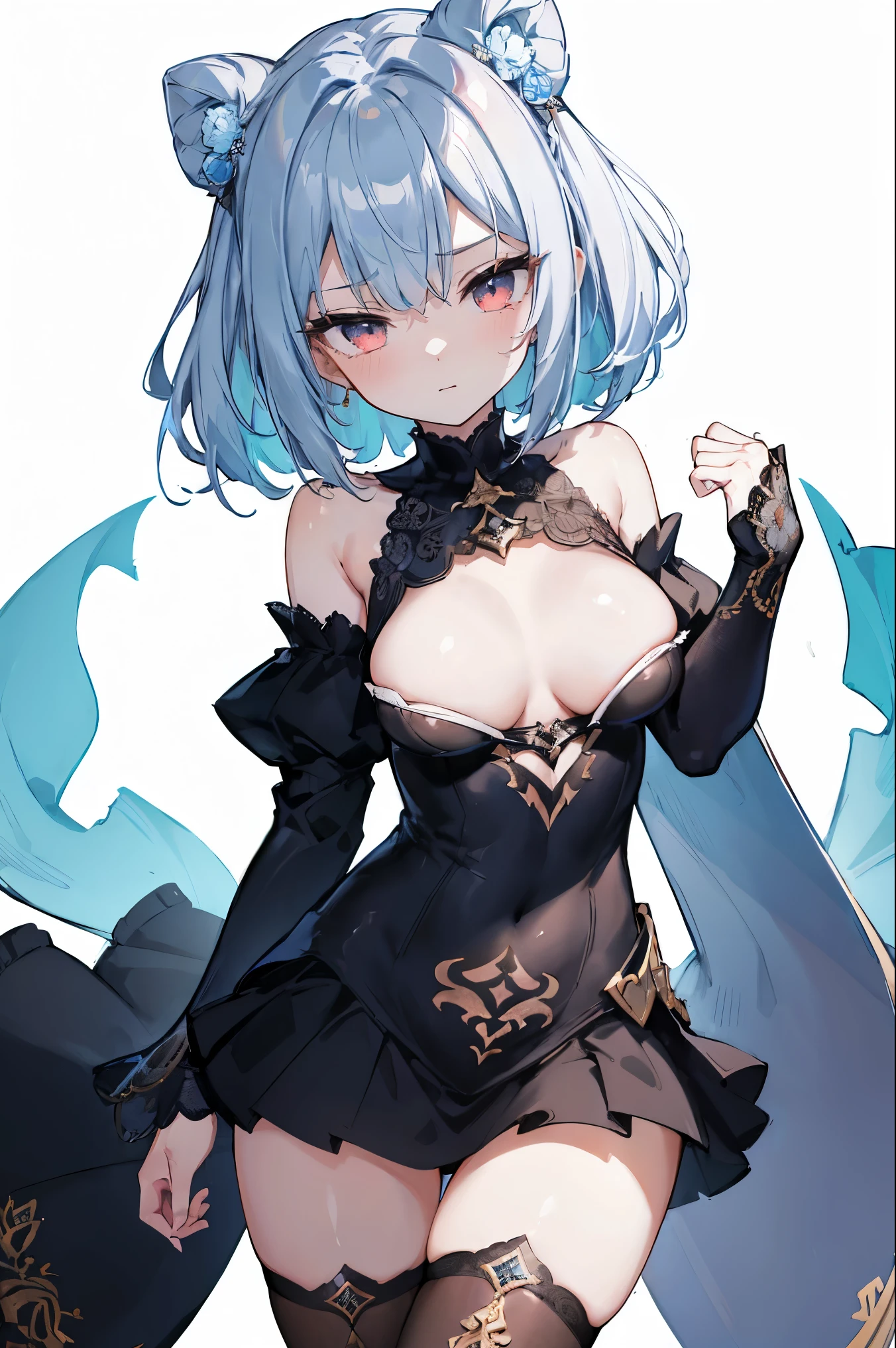 1girl, anime, cute girl, blank background, white background, fantasy, detailed fantasy dress with highlights, beautiful face, beautiful eyes, dark colors, black hair with multicolor streaks, red eye with different color pupil in eye, multicolor eye, medium breasts, slight cleavage, beautiful skin, cute, breast curtains, extremely delicate and beautiful, (beautiful detailed face:1.0), (detailed deep eyes), symmetrical breasts, deep eyes, shiny skin, portrait, slender waist, hips wider than shoulders, thighs, expressionless, young girl, luminous eyes, adorable，（Kpop idol）,（aegyo sal：1），（Platinum blonde hair：1），（（puffy eye）），Black panty，sexy posture，Superskirt, Ultra-high resolution，Black collar，slim figure, Abdominal y tattoo, womb tattoo，Tight-fitting leg ring，y tattoo on half-body，Bare skin, Armored hand，Hidden fingertips，Hand covered，Arm covered，Fist covered,{{beautiful detailed fingers}}, tufts of hair, moderate beautiful breast:1.0,(masterpiece:1.2), best quality, high-res, HDR, perfect face, intricate armor, delicate blue filigree, intricate filigree, red metalic parts, detailed part, dynamic pose, dynamic lights, cute face, neutral expression, shuimobysim, lotus, hanfu, maxi skirt, dress conservatively 1girl, solo, long blue hair, standing, 