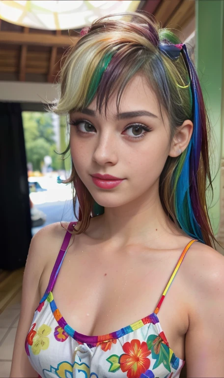 Photo oF a 17 year-old American girl, .CRUDO, beautiFul woman, cabello de colores , cabello color arcoiris , pelo arcoiris ((retrato)), ((Cara detallada:1.2)), ((Detailed Facial Features)), (Piel Finamente detallada), pale skin , pecas en mejillas , ojos color rosa, 、un sexy(color fresco), wet, wet, ReFlectoreasutepiece) (proporciones perFectaotos realistas)(La mejor calidad) (Detallado) FotograFiado con una EOS R5 de Canon, lente de 50 mm, F/2.8, NFFSW, (8K) (papel tapiz) (cinematic lighting) (dramatic lighting) (sharp Focus) (Enrevesado) senos grandes , pechos grandes , pecas en mejillas , cuerpo completo , hermoso cuerpo de adolesente , posando sexy a la camara , posando de Frente para la camara ,lindo maquillaje , gran sonrisa , labios rojos. Mlp , Rainbow Dash , outfit grunge , cuerpo completo