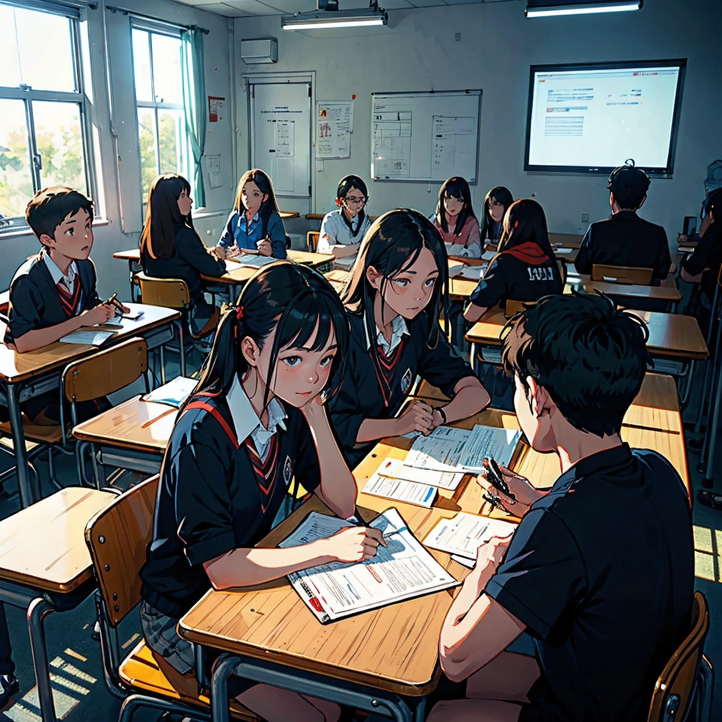 A group of students sat in a classroom, both male and female