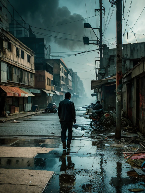 (a man close up face in a deserted city with extremely tattered clothes, Indonesian-Javanese facial features),urban decay,gritty street art,desolate atmosphere,dark and moody lighting,loneliness,vivid colors,graffiti-covered walls,nature reclaiming the city,abandoned buildings,dilapidated infrastructure,empty streets,billowing smoke,shadowy figures in the distance,street vendors selling snacks,dirty puddles reflecting neon lights,overgrown vegetation,crumbling statues,tattered flags,weathered signs,decaying garbage,lost in thought,strong emotions,stooped posture,surrounded by memories of the past,hauntingly beautiful scenery,haunting melodies in the air,unattended bicycles scattered around,industrial sounds in the background,ancient ruins juxtaposed with modern architecture,uneven pavement,overcast sky,blurry city lights,lost in time,contrast between light and shadow. (best quality,ultra-detailed,photorealistic),-Soft shades of dark blue and grey, with hints of vibrant orange and green.
