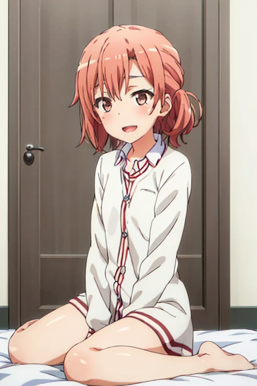 ((highest quality)), ((masterpiece)), (be familiar with), Perfect Face, indoor, Bedroom, Watching the audience,
One woman, Yuigahama Yui,
Open Mouth, Ecstatic expression, blush, smile,
Small breasts, Flat Chest, Young Girl, , , Girl,
Short Hair, Salmon-colored hair, Salmon-colored eyes, Side Pony,
Leg spread,