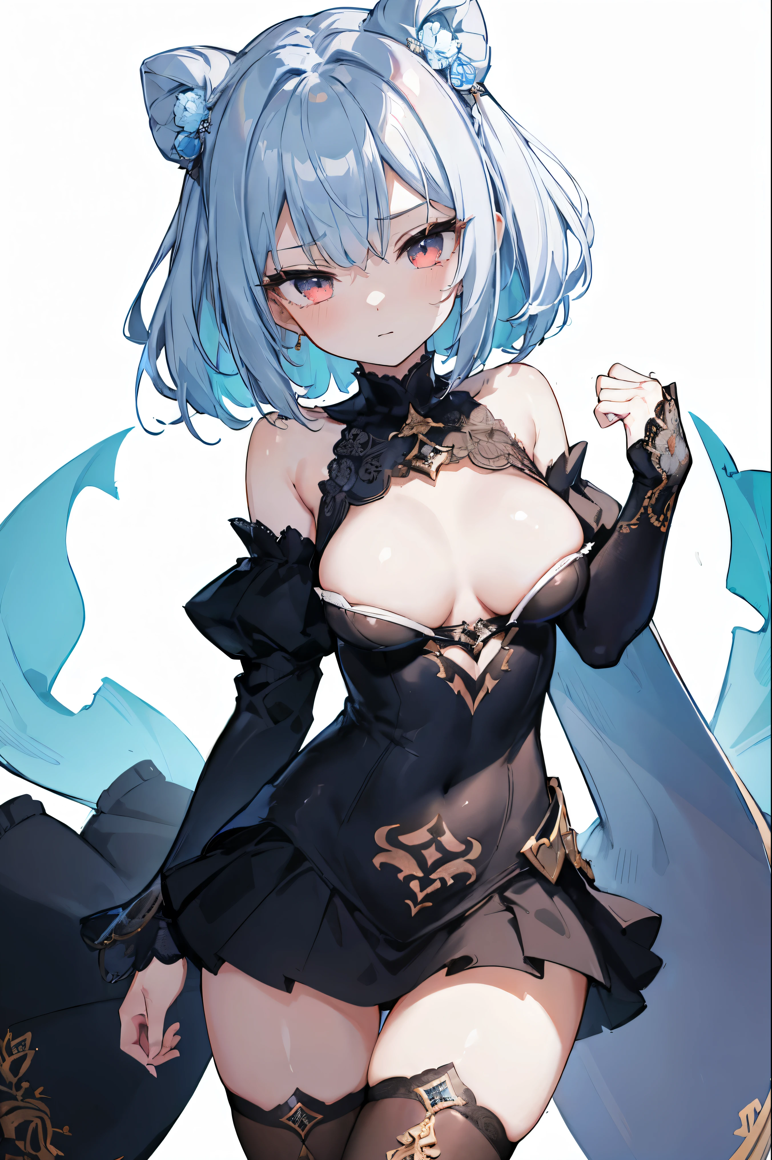 1girl, anime, cute girl, blank background, white background, fantasy, detailed fantasy dress with highlights, beautiful face, beautiful eyes, dark colors, black hair with multicolor streaks, red eye with different color pupil in eye, multicolor eye, medium breasts, slight cleavage, beautiful skin, cute, breast curtains, extremely delicate and beautiful, (beautiful detailed face:1.0), (detailed deep eyes), symmetrical breasts, deep eyes, shiny skin, portrait, slender waist, hips wider than shoulders, thighs, expressionless, young girl, luminous eyes, adorable,(Kpop idol),(aegyo sal:1),(Platinum blonde hair:1),((puffy eye)),Black panty,sexy posture,Superskirt, Ultra-high resolution,Black collar,slim figure, Abdominal y tattoo, womb tattoo,Tight-fitting leg ring,y tattoo on half-body,Bare skin, Armored hand,Hidden fingertips,Hand covered,Arm covered,Fist covered,{{beautiful detailed fingers}}, tufts of hair, moderate beautiful breast:1.0,(masterpiece:1.2), best quality, high-res, HDR, perfect face, intricate armor, delicate blue filigree, intricate filigree, red metalic parts, detailed part, dynamic pose, dynamic lights, cute face, neutral expression, shuimobysim, lotus, hanfu, maxi skirt, dress conservatively 1girl, solo, long blue hair, standing,