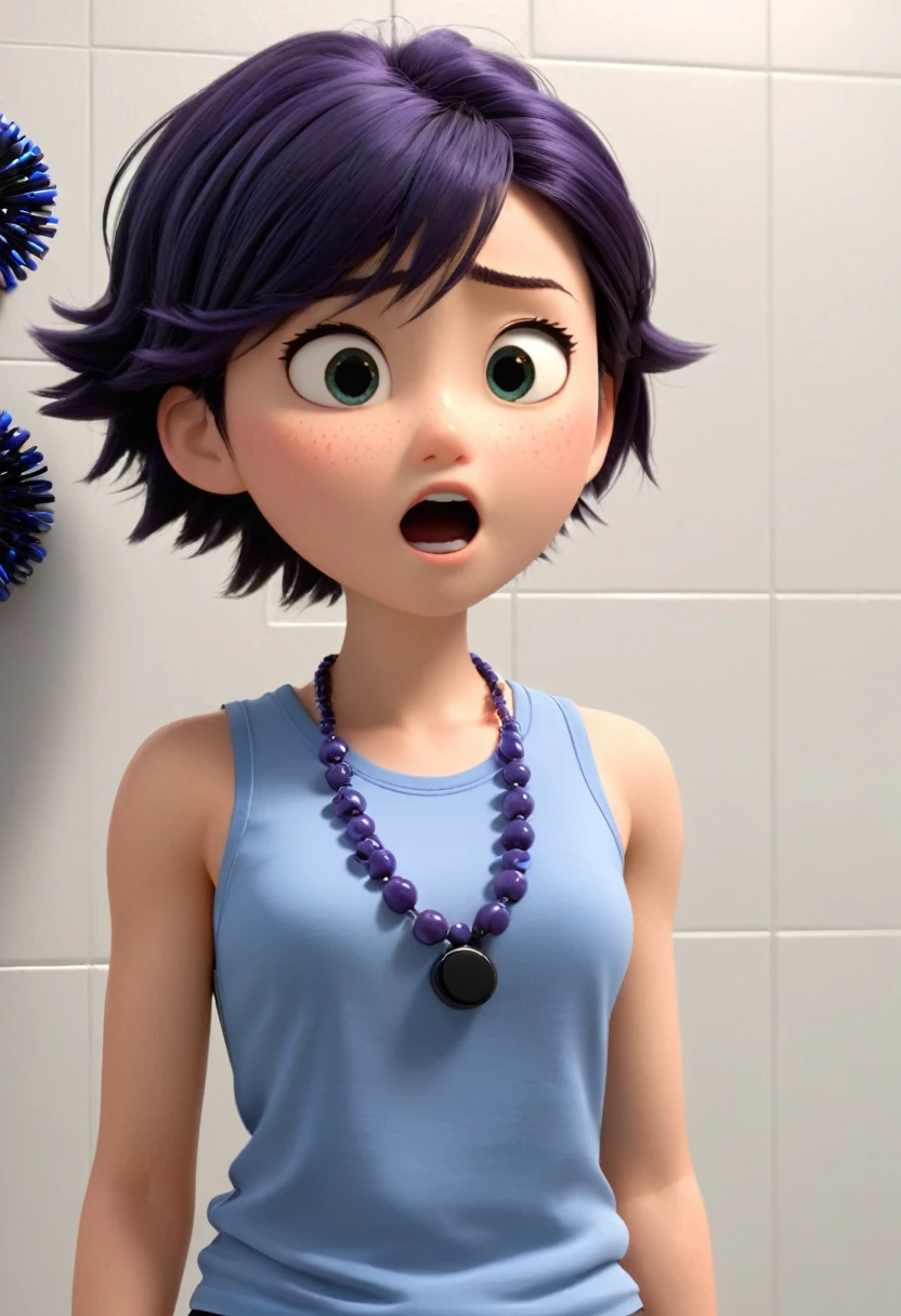 Une Japonaise de , cheveux bleu, dark purple necklace, Grey tank top, terrified, stuck to the wall with super strong black glue in a faulty laboratory, style 3d Pixar, (best quality, 4k, 8k, High resolution, chef-d'artwork:1.2), Ultra-detailed, (Realistic, photoRealistic, photo-Realistic:1.37), portraits, Des couleurs vives, studio lighting