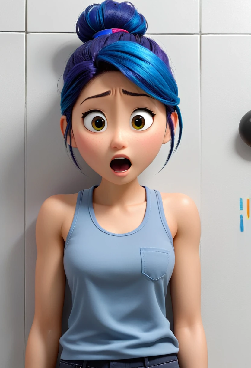 Une Japonaise de 14 ans, cheveux bleu, dark purple necklace, Grey tank top, terrified, stuck to the wall with super strong black glue in a faulty laboratory, style 3d Pixar, (best quality, 4k, 8k, High resolution, chef-d&#39;artwork:1.2), Ultra-detailed, (Realistic, photoRealistic, photo-Realistic:1.37), portraits, Des couleurs vives, studio lighting