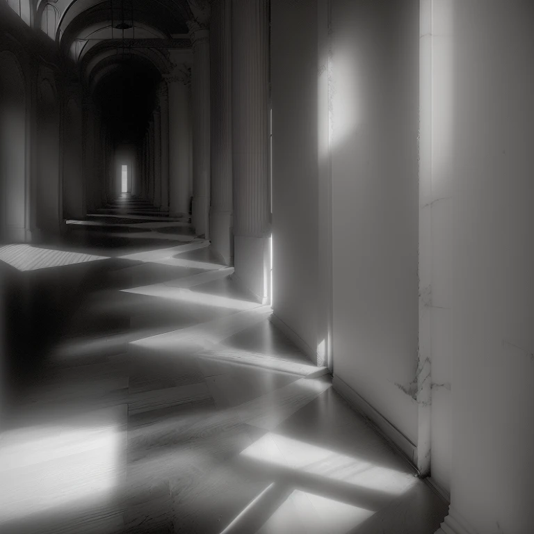 Black and white photo of a long hallway with columns, Geometric Liminal Space, rays and shadows, indoor liminal space, Light and shadow contrast, Caustic Shadows, Deep lines and shadows, Contrasting lighting and shadows, Marginal Space Photography, Marginal space corridor, Inspired by Raul Ubac, Light shadows, Great light and shadow