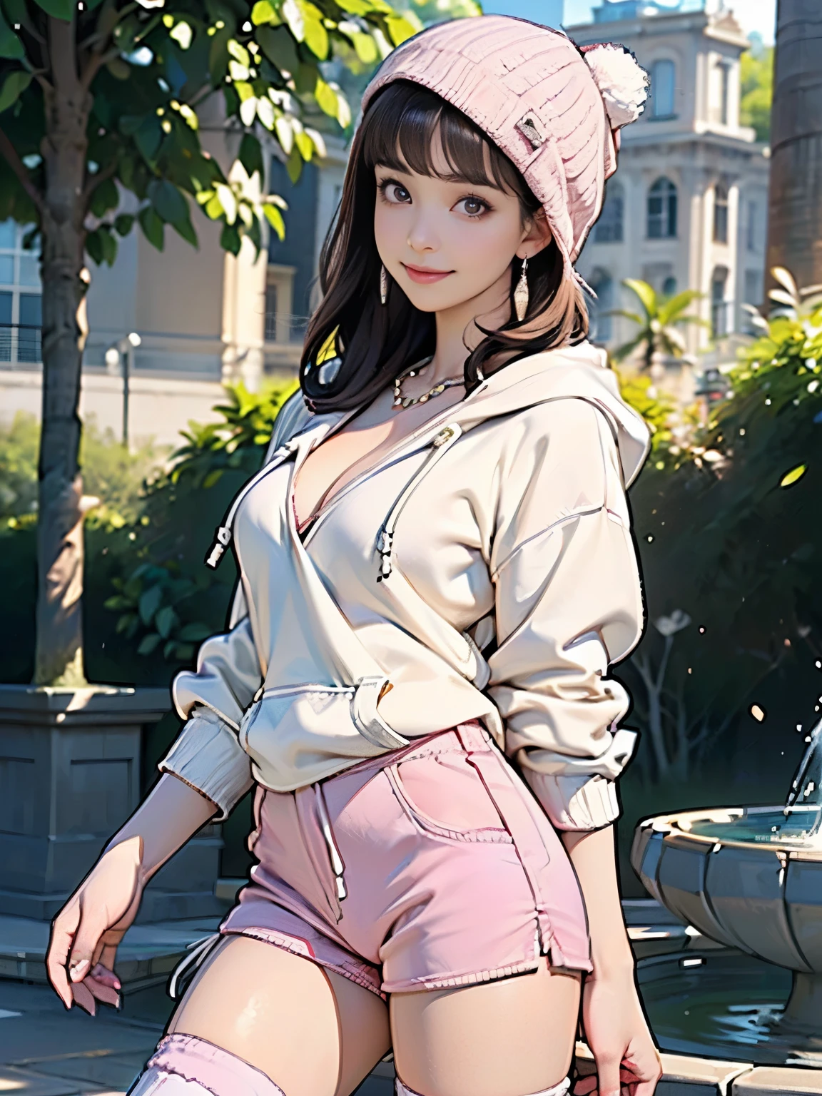 ((((highest quality))))、(((Ultra-precision CG16K wallpaper)))、(((masterpiece)))、(((Super detailed)))、(((Extreme detail)))、((1Mature 29 year old woman:1.6))、((Very beautiful Japanese faces))、((Yua Mikami:1.5))、((Straight medium hair、blunt bangs:1.5))、(Shiny brown hair)、Beautiful brown eyes、Clearly defined pupils、eyeliner、eye shadow、High nose、Small nostrils、Small Mouth、Seductive lips、Beautiful breasts、((C cup size breasts))、Cleavage、Voluptuous body、eight-headed body、Perfect proportions、Perfect Anatomy、Perfect composition、Beautiful detailed shading、Beautiful, natural lighting、Beautiful detail glow、Depth of written boundary、(((High chroma)))、(((Real:1.9)))、((vivid:1.5))、((Beautiful Skin))、((Skin Texture))、((Realな皮膚感))、(((Cowboy Shot:1.6)))、((Front view、shoot from front、Front low angle:1.6))、(((smile:1.5)))、((The woman is looking at this、looking at viewer、Facing forward:1.6))、Bright daylight、Natural light、(((Fountain Square、Trees:1.5)))、(Fashion model pose:1.6)、(((White hoodie、Pink hot pants:1.6)))、((Earrings、Wearing a necklace:1.3))、(((Knit Guide Hat、Knee socks clothing:1.6)))、