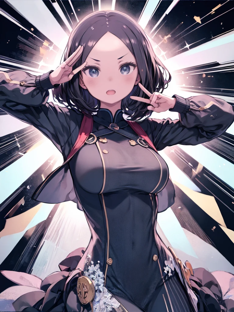 ((masterpiece)), ((best quality)), (ultra-detailed), ((kawaii)), cute, (lovely), ((sunset)), ((extremely detailed)), 4K, (8K), best quality, (beautiful), anime style, upper body, look up from below, full body focus, city, town, evening, a cute girl, 1girl, solo, suit, beautiful dark brown hair, beautiful purple eyes, ((beautiful eyes with highlights:1.4)), white-skinned, ponytail, transparent hair, translucent hair, buttocks, large breast, glasses, earrings, necklace, light smile, neon light, wind effect, reflection effect