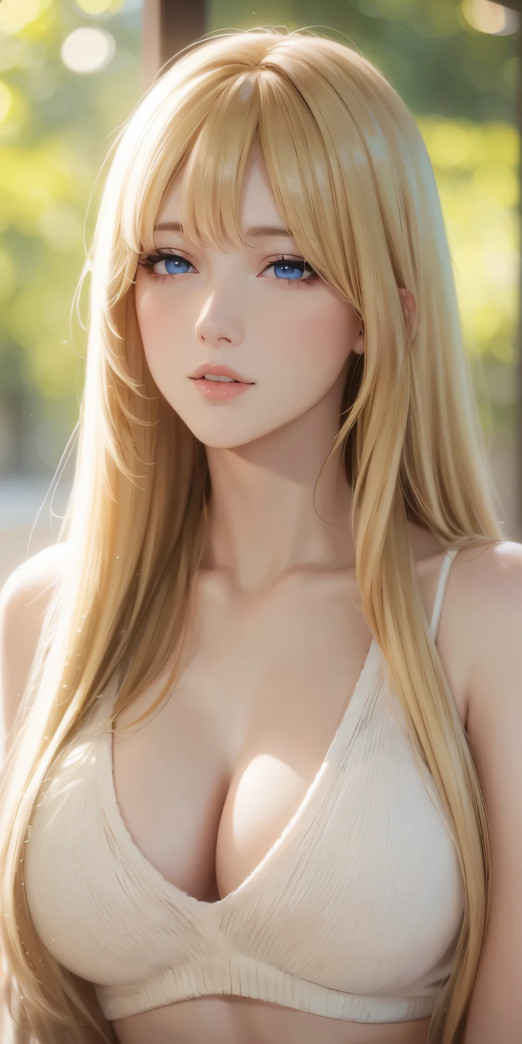 Portrait, Gorgeous adult woman, long neck, long blonde hair, bangs, casual clothes, cleavage, soft light, high quality, 4k resolution