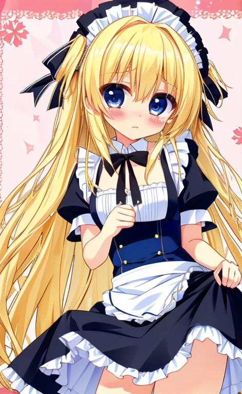 Beautiful long blonde hair Embarrassing blue eyes Tears overflow from my eyes A girl in a long black maid outfit Skirt lifted