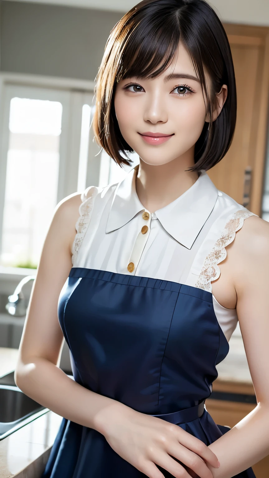 (highest quality:1.5)、(Realistic:1.5)、(1 person:1.5)、Very detailed、High resolution、8k、(Full-body composition)、Natural color lips、Cute smile、Japanese women、20 year old girl、Arched thin eyebrows、Beautiful and elegant face、Cute face、(Large, balanced eyes)、Big Eyes、Fair skin、Beautiful and elegant face、Natural Bangs、Beautiful and thin nose、Beautiful Skin、Medium Bob Hair、Natural Bangs、Perfect and beautiful face、Slim face and figure、normal breasts、(Natural smileでカメラを見て)、(Bright lighting)、Professional Lighting、 (Lighting from the front)、Natural smile、Natural pose、(Cute Maid Dress)、kitchen、Maid、mini skirt、garter belt、