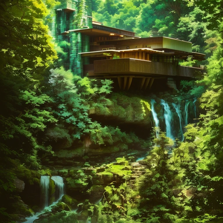 a view of a waterfall flowing through a lush green forest, Falling Water, Frank Lloyd Wright, Nature meets architecture, with trees and waterfalls, Inspirational Architecture, Amazing architecture, Unique architecture!, stream flowing through the house, organic architecture, waterfall walls, with waterfalls, Beautiful architecture, waterfall!!!!!, built into wood or stone, Beautiful Home, Amazing architecture, Amazing architecture