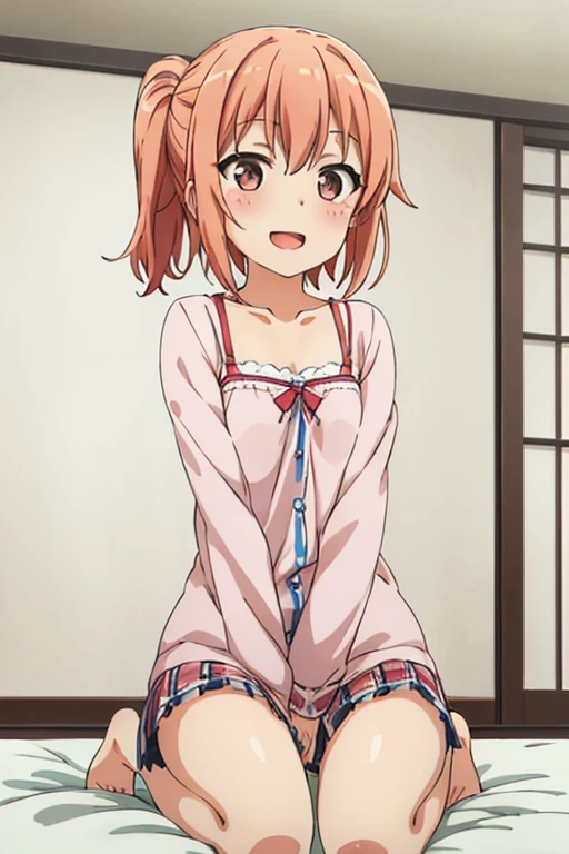 ((highest quality)), ((masterpiece)), (be familiar with), Perfect Face, indoor, Bedroom, Watching the audience,
One woman, Yuigahama Yui,
Open Mouth, Ecstatic expression, blush, smile,
Small breasts, Flat Chest, Young Girl, , , Girl,
Short Hair, Salmon-colored hair, Salmon-colored eyes, Side Pony,
Leg spread,