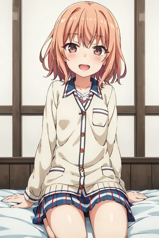 ((highest quality)), ((masterpiece)), (be familiar with), Perfect Face, indoor, Bedroom, Watching the audience,
One woman, Yuigahama Yui,
Open Mouth, Ecstatic expression, blush, smile,
Small breasts, Flat Chest, Young Girl, , , Girl,
Short Hair, Salmon-colored hair, Salmon-colored eyes, Side Pony,
Leg spread,