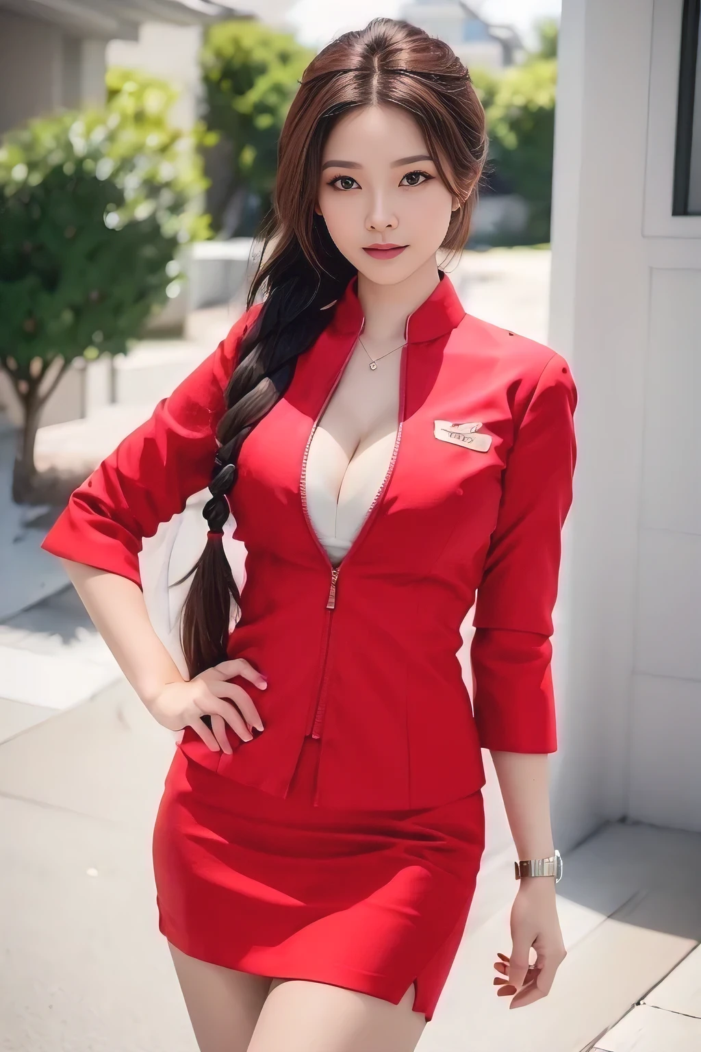 AirAsia uniform red jacket、Dark brown hair、Hair tied up、Long hair that reaches down to the legs is tied behind the head、Long hair braids down to the legs、Long hair braids down to the legs hanging down over the uniform