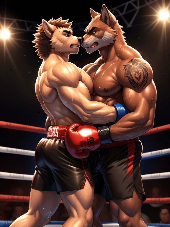 Duo big male fighters(Brown Wolf vs Marrow Wolf, handsomes, Thick eyebrows), beso gay(Cuddling embraced, in a boxing match), hot(Full body, shirtless), handsomes(They are handsomes, correct anatomy), musculosos(Big muscle bodies, Six packs, muscle abs, big pecs, muscle legs, muscle backs), sweaty(very sweaty wet bodies), tatuajes(they have tattoos), Angry(They have an angry expression), boxing gloves(They both are wearing reds boxing gloves), shorts(They both are wearing black shorts), Hight resolution