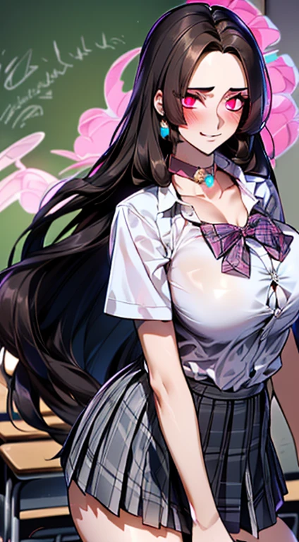 (masterpiece:1.2, best quality), (Practical, photoPractical:1.4), Fine quality illustrations,
Looking at the audience, whole body, Front view:0.6,
1 girl, Japanese, high School girl, ((Long hair:1.5, Brunette Princess Haircut:1.9)), ((Narrow and sharp eyes:1.9, pink glowing eyes:1.5)), (Large Breasts:1.8),
beautiful hair, Beautiful and delicate eyes, Beautiful clavicle, Beautiful breasts((Cleavage))((Cleavage)), Beautiful thighs, Beautiful Feet, Beautiful fingers,
(classroom), , School,
((Short-sleeved shirt with collar, White shirt, , Grey plaid pleated skirt, blue plaid bow tie, Necklace)),
(Standing, Grab the hem of your skirt, Hand on),
blush